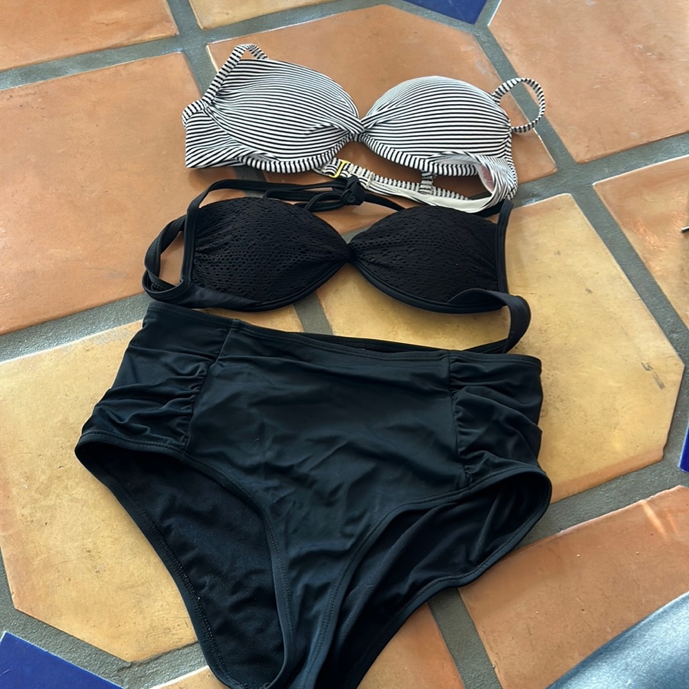 Two bikini tops and one high rise bikini bottom